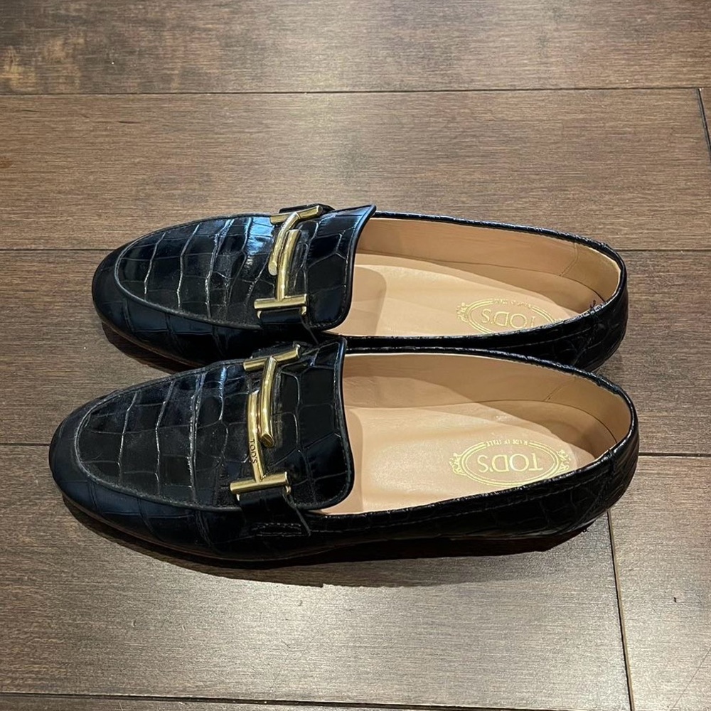 TOD’s Double T Black Croc Embossed & Canvas Loafer